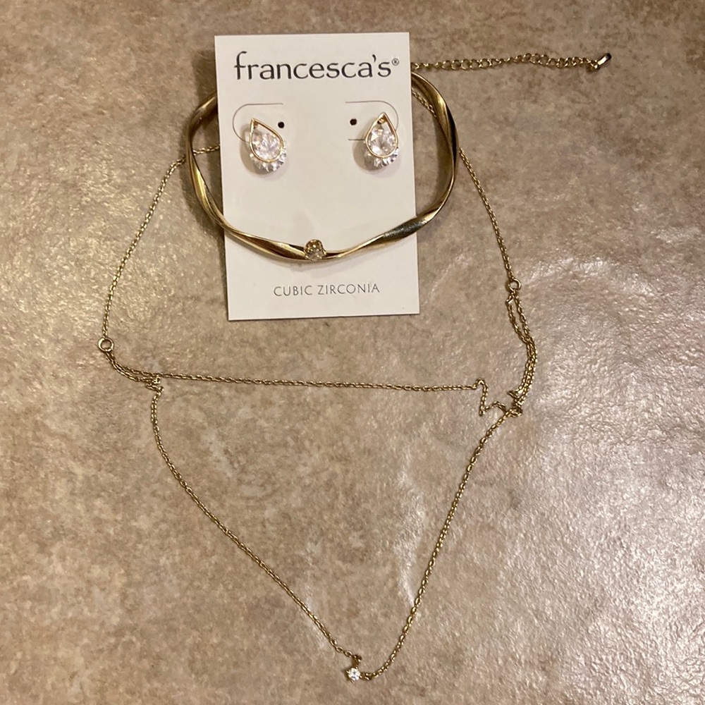Francesca’s Gold & CZ Earring, Bracelet & Double Strand Necklace Set